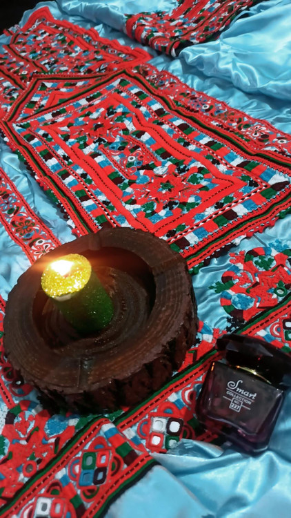 خرید لباس آماده دست دوچ بلوچی، لباس آبی آسمانی دست دوز بلوچی کامل کار